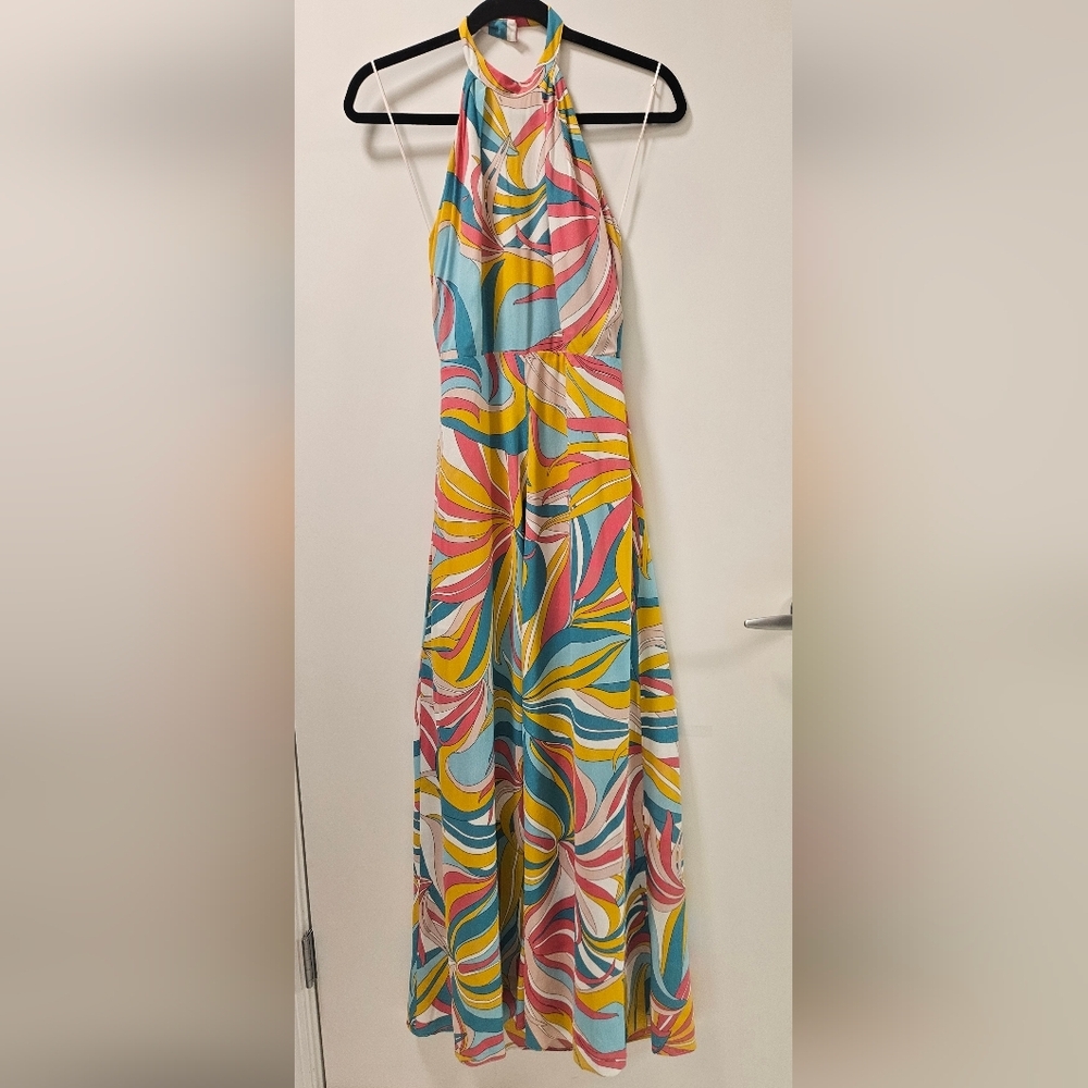 Pinko La Rioja Abito Crepe De Chine Multicolor Halter Maxi Dress Size 38 - Picture 9 of 16